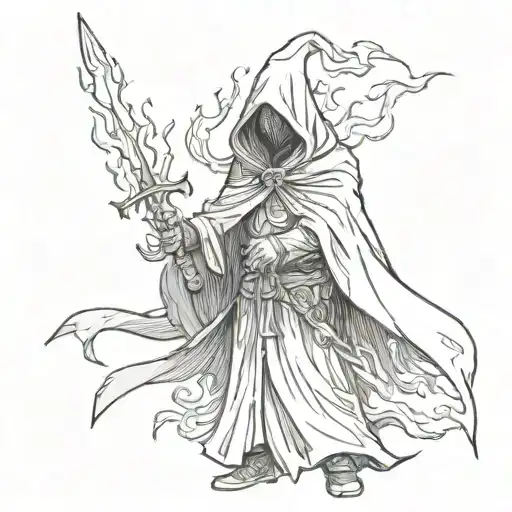 A Dark And Eerie Scene Of A Cloaked Figure Holding A Flaming Sword