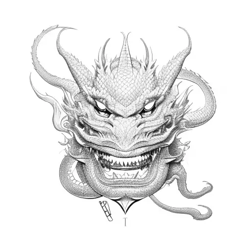 A Sketch-style Design Of A Dragon And Hannya Mask Entwined