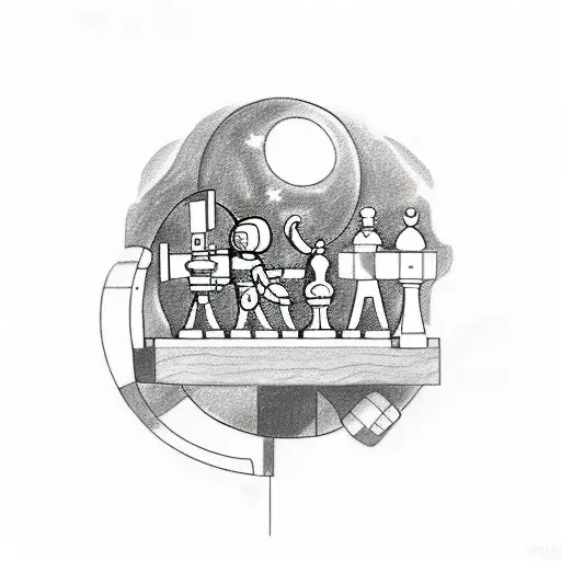 A Sketch Style Tattoo Of An Astronaut Playing Chess With A Robot On A Moonlit Chessboard