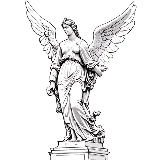 A Highly Detailed Black-and-white Line Art Illustration Of The Famous Haserot Angel Statue