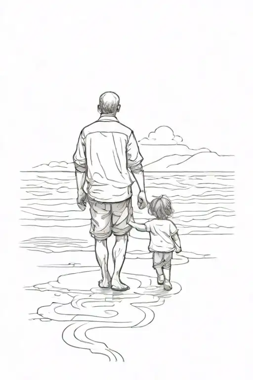 The Father Walks With The Child By The Hand To The Sea View From The Back