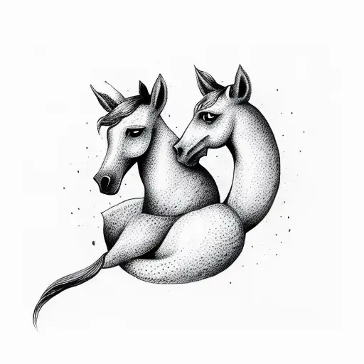 A Dotwork Design Of A Horse And A Cat Curled Up Together