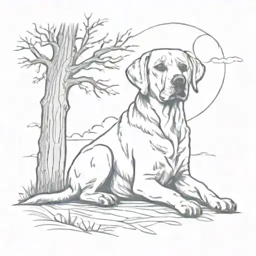 Labrador Sitting Next To Tree With Sun