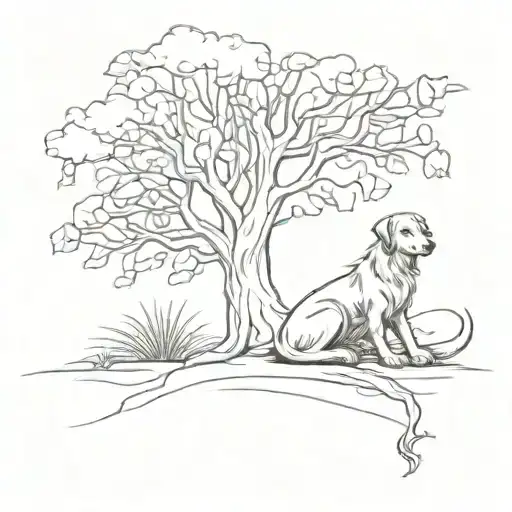 Dog Sitting Next To Tree With Sun