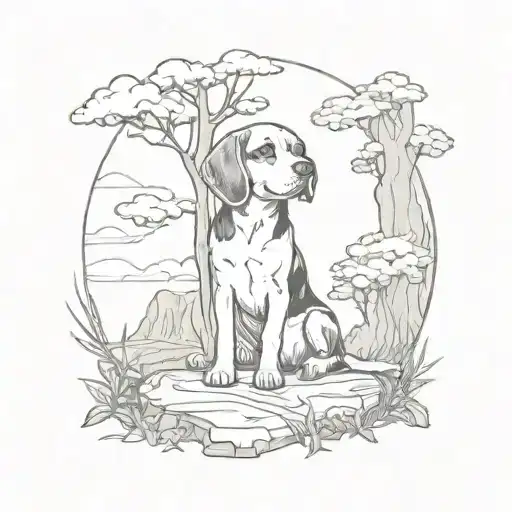 Beagle Sitting Next To Tree With Sun