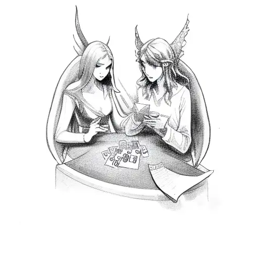An Angel And Devil Playing A Card Game