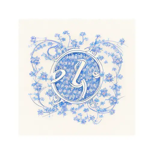 White Background With Letter J Written In Calligraphy With Blue Forget Me Nots On The Letter