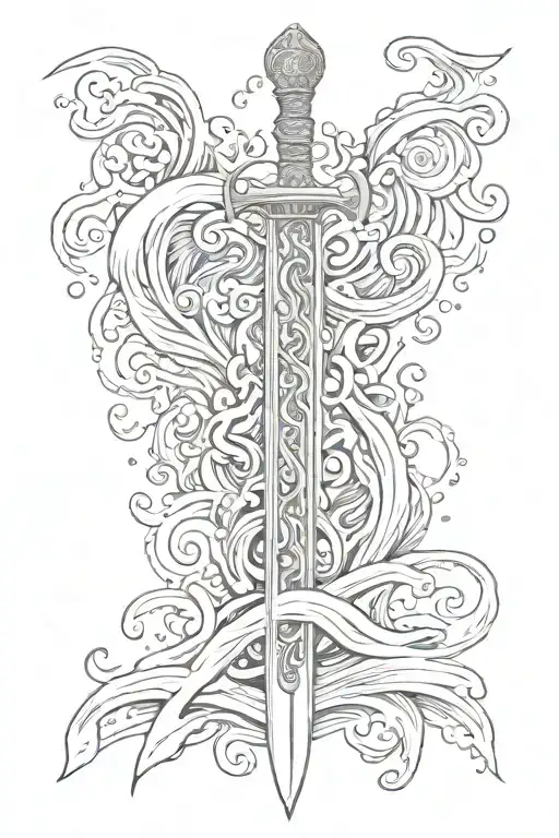 Riptide Sword With The Greek Word 'Riptide' Inside The Sword With Waves Crashing Against It