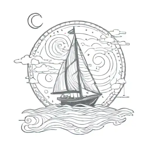 Sailboat And Moon Bold Line
