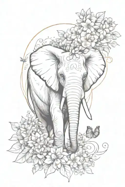 Elephant Face With Tree Of Life Out Of The Top And Flowers All Around