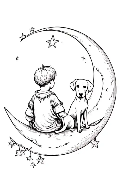A Little Boy And A Labrador Type Dog Seen From Back Sitting On A Moon Crescent Style Small Prince