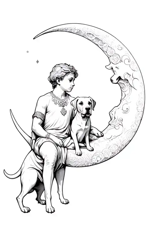 A Little Back Boy And A Labrador Type Dog Also Seated On A Moon Crescent Style Small Prince