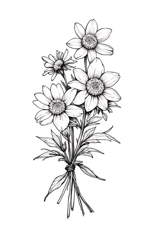 Aster Flower And Narcissist Flower Bouquet Tied Together With A Thread Fine Line Dainty