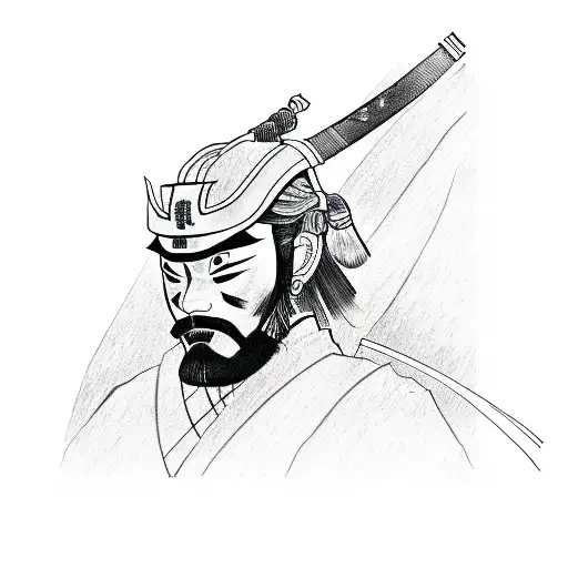 Shoulder Profile Samurai Sketch Tattoo With Japanese Letters