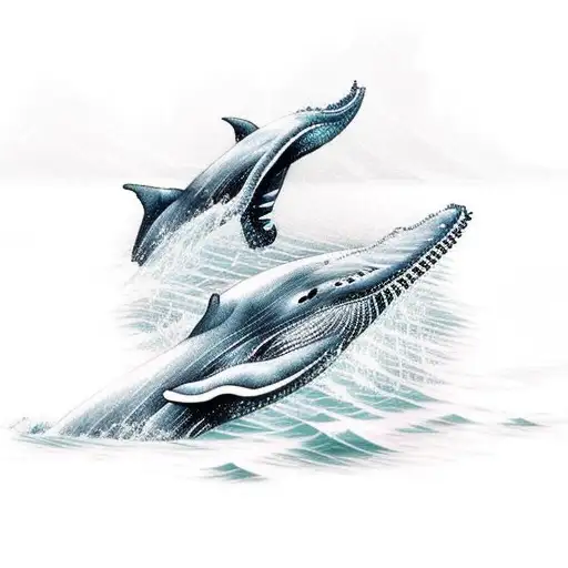 A Traditional Style Tattoo Of A Serene Ocean Scene With Whales Swimming Gracefully