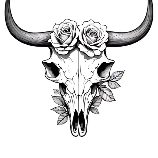 Bull Skull And Roses In The Eye Socket