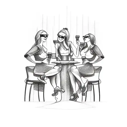 A Sketch-style Tattoo Of A Group Of Women Enjoying A Beer Party On Motorcycles