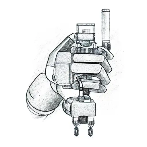 A Detailed Sketch Of A Robotic Hand Holding A Smoking Gun With Binary Code Flowing Out