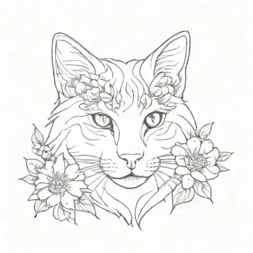 Small Outline Mane Come Cat With Flowers