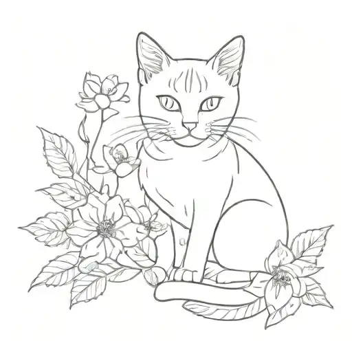 Small Outline Cat With Flowers Intertwined