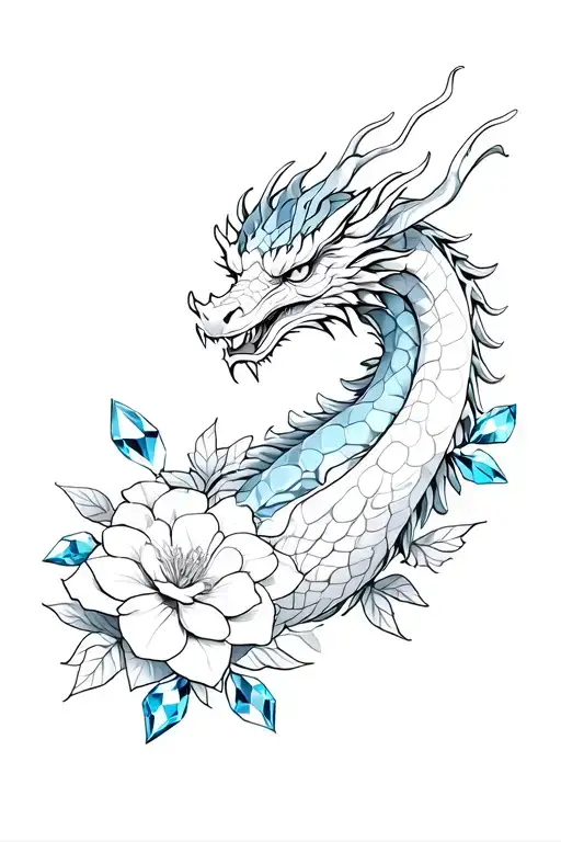 Japanese Style Dragon Surrounded By Gardenias And Blue Zircon Crystals
