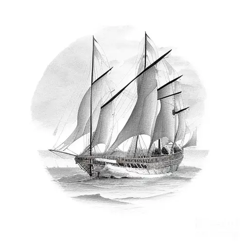 New England Style Schooner With Oars And Sextant