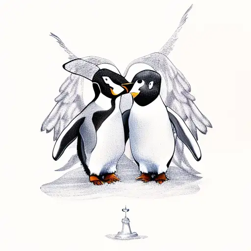 Penguin With Angel Wings Holding Hands With Another Penguin