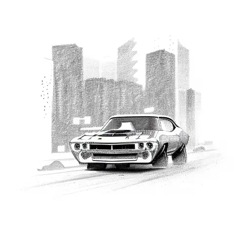 A Sketch Of A Muscle Car Driving Through A Pixelated Cityscape