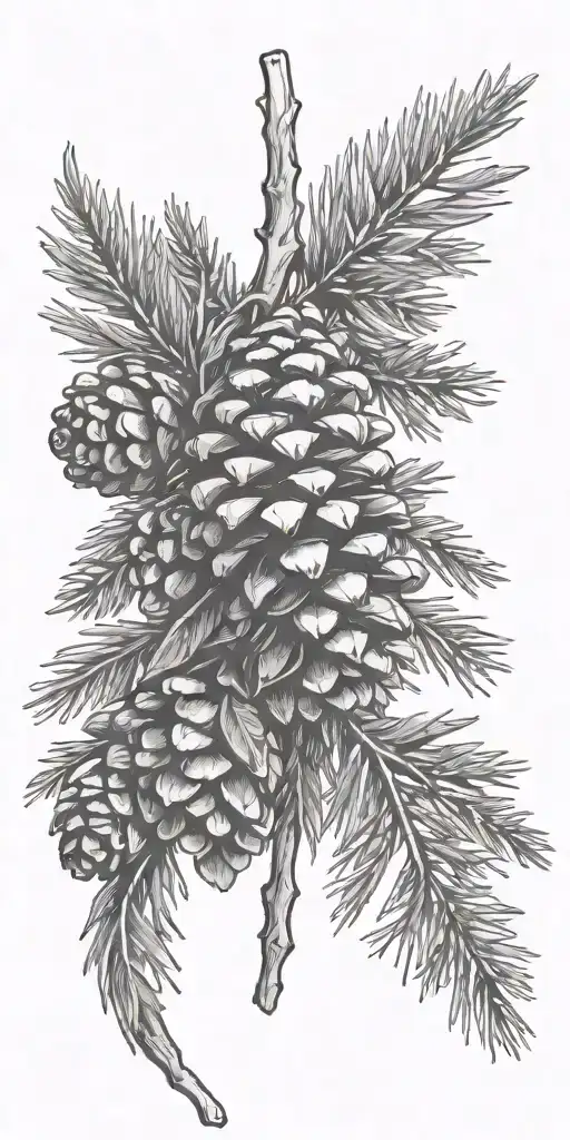 Pine Cone With Pin Branch Long Black And White