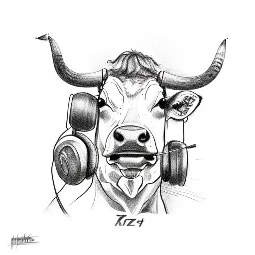 A Sketch-style Tattoo Of A Cow Wearing Headphones And Holding A Gun