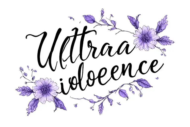 Word Ultraviolence In Cursive Font With Wispy Violet Flowers Black And White