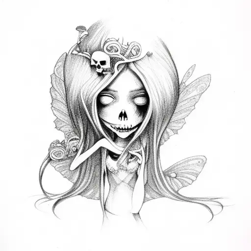 Fairy Girl With Long Hair Holding Skull And Mushrooms