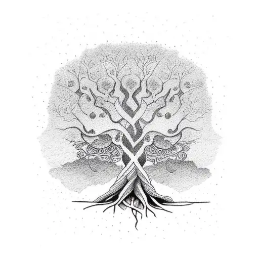 A Dotwork Tattoo Of A Majestic Tree With Roots Shaped Like Musical Instruments