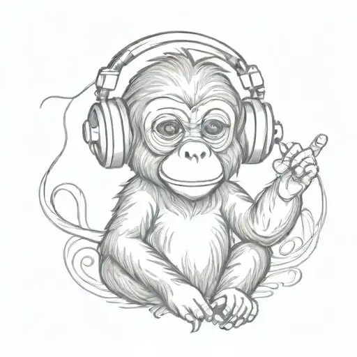 Cute Little Monkey With Headphones Listening To Music