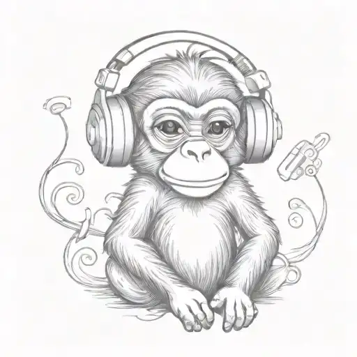 Cute Little Monkey With Headphones Listening To Music