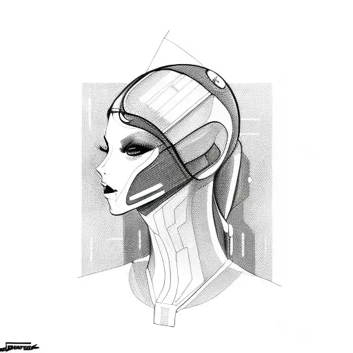 A Sketch-style Tattoo Of A Mysterious Woman Wearing A Futuristic Cyberpunk Mask