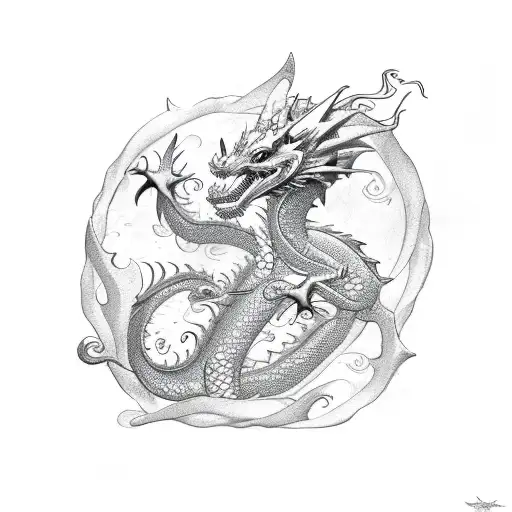 Dragon With Dolphins And Waves