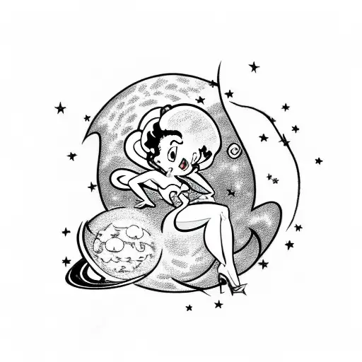 Betty Boop Sitting On A Moon With Stars And Planets Under