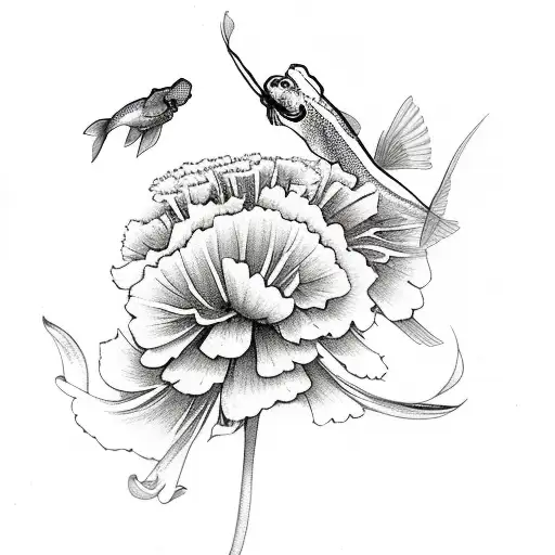 Carnations With Koi Fish And Hummingbird