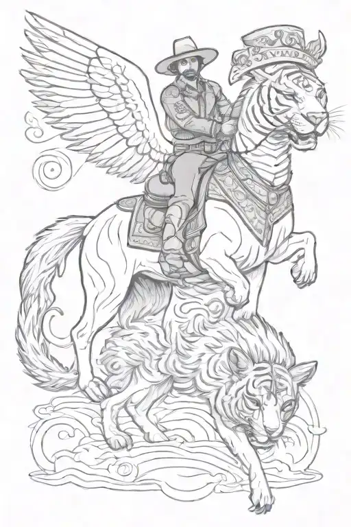 A Sketch Tattoo Of A Mexican Charro Riding A Tiger With Angel Wings