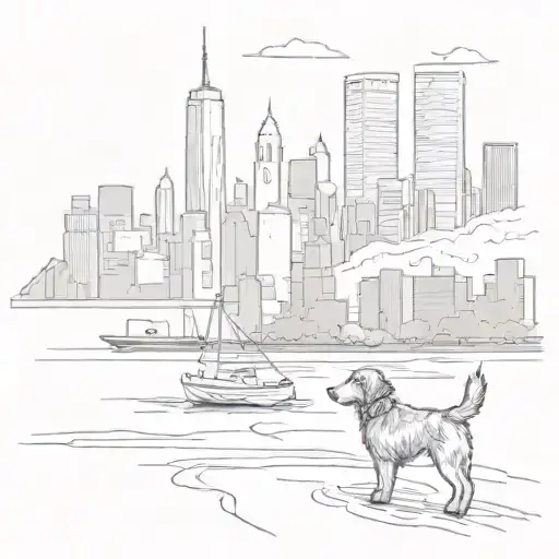 Dog Walking Towards New York Skyline At The Harbour