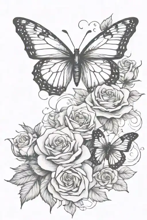 Butterfly And Roses And Clouds In Black