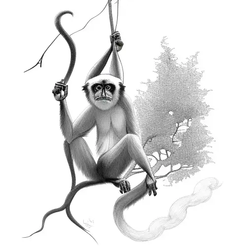 Gibbon Climbing On Tree
