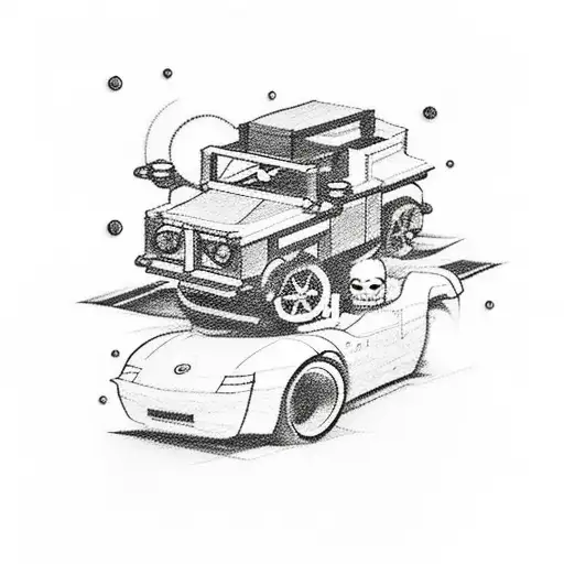 A Sketch-style Tattoo Of A Lego Car Drifting Through A Psychedelic Netherland Landscape