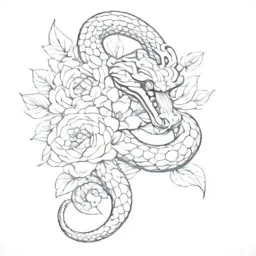 Cobra Snake With Peony Flowers