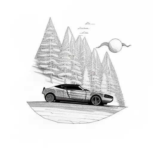 A Minimalist Tattoo Of A Car Driving Through A Scenic Hiking Trail