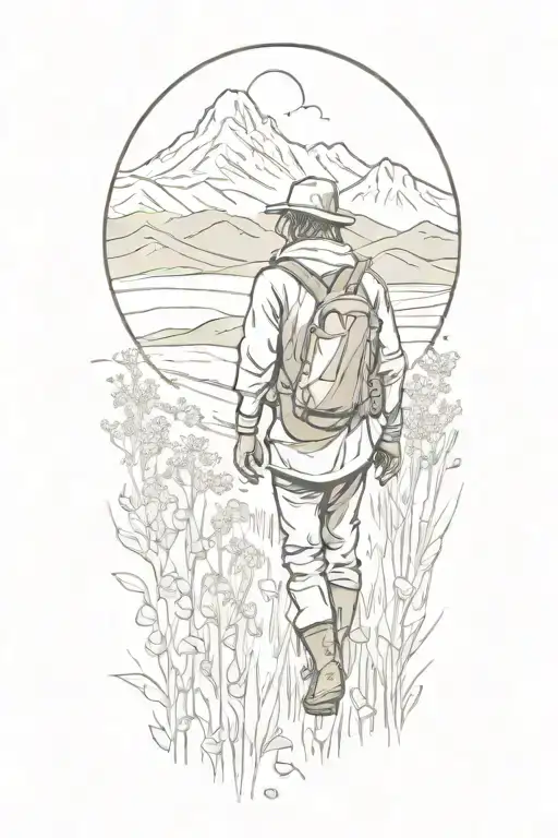 A Sketch Of A Nomad Walking Through A Field Of Wildflowers With Mountains In The Background
