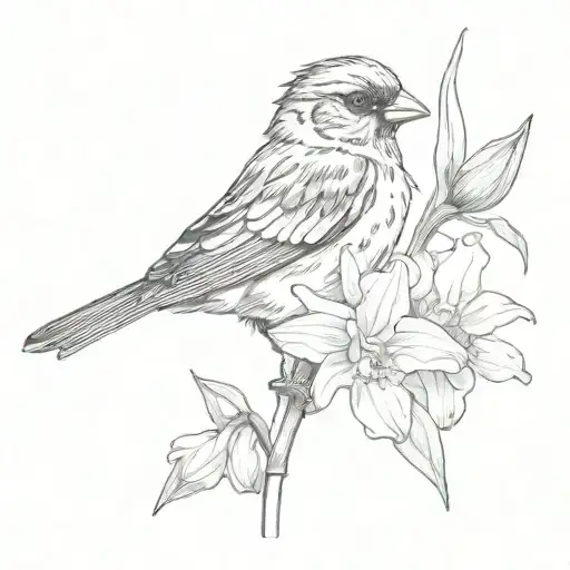 Male Sparrow And Daffodil