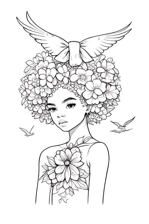 African America Girl Afro Bow In Hair Chest With Bird Flying Out And Flowers All Around This Design