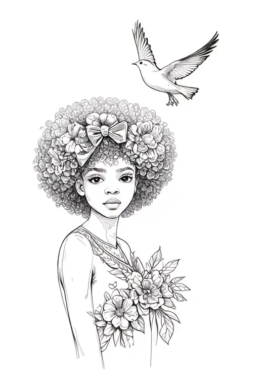 African America Girl Afro Bow In Hair Chest With Bird Flying Out And Flowers All Around This Design